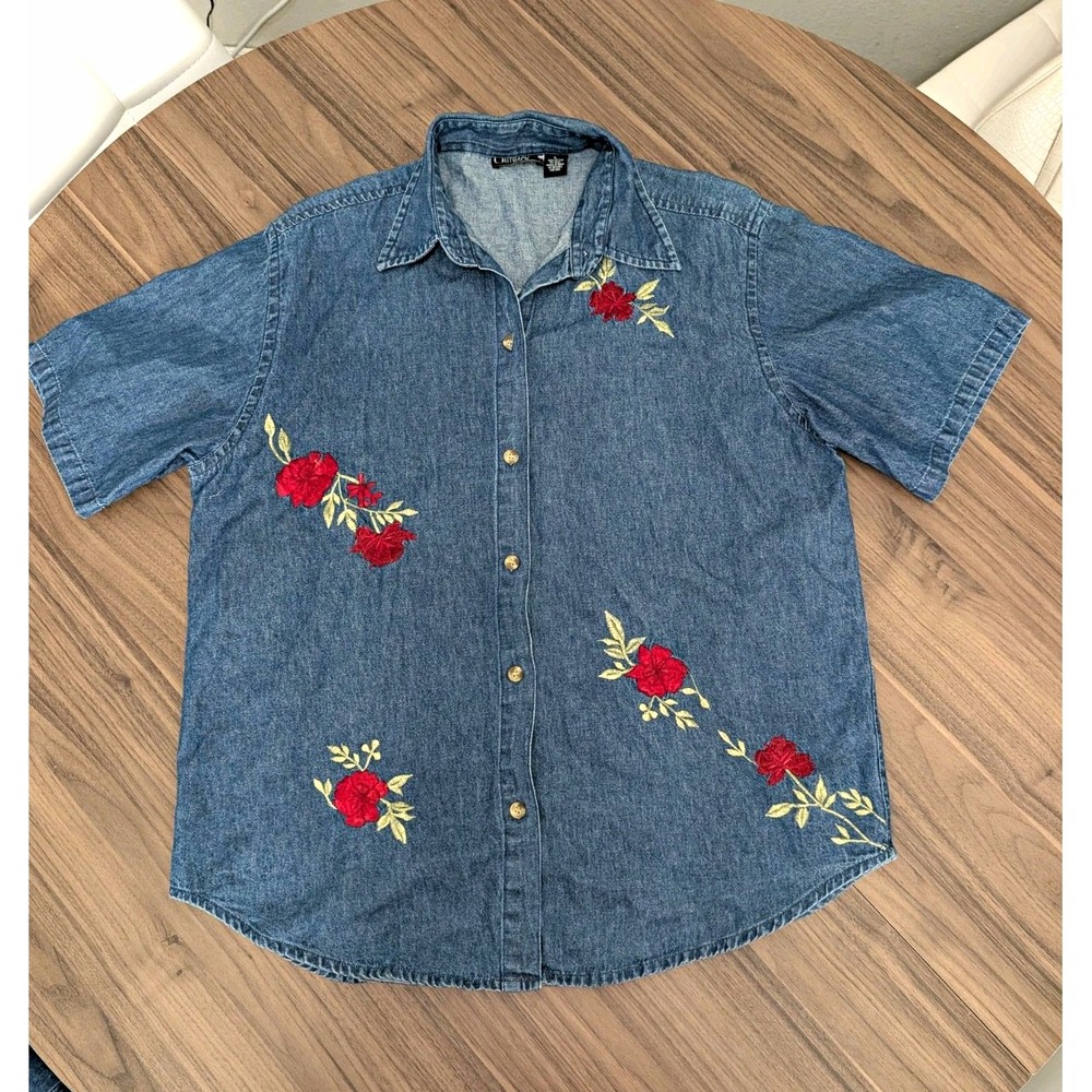 Quizz Box Rider Women's L Denim Shirt western Embroidered 90's Y2K Cottagecore